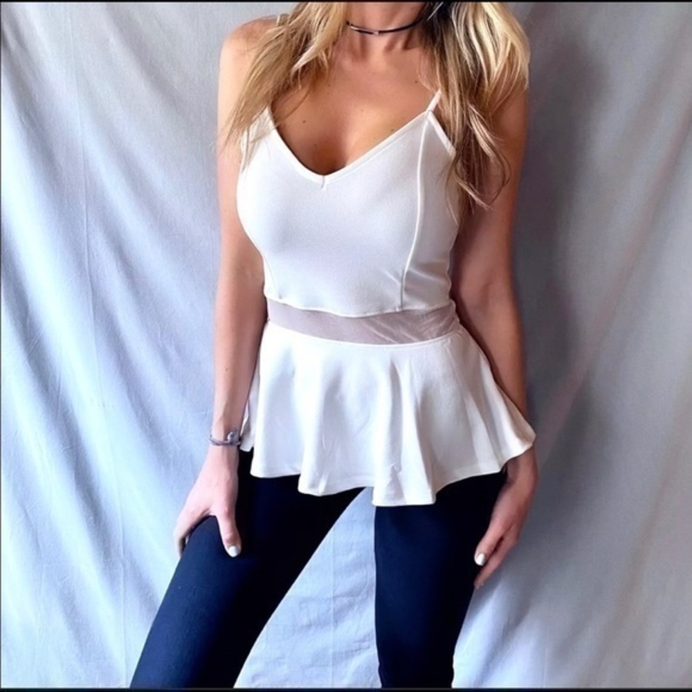 Women's Low Cut Deep Neckline Peplum Mesh Insert Cami Party Evening Top White